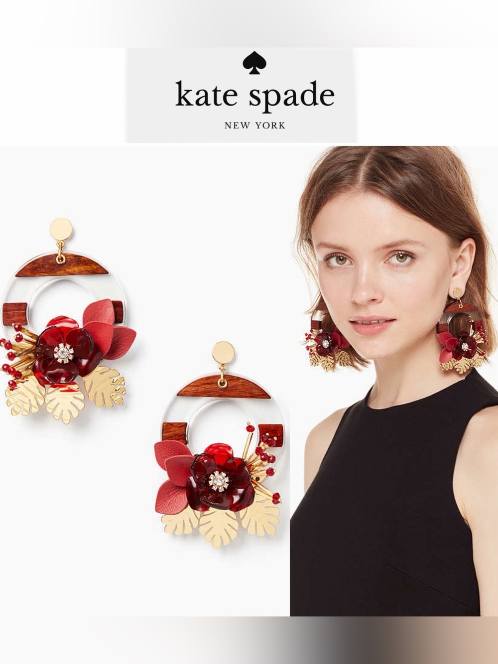 Kate Spade Slice Of Stone Statement Door Knocker Red Gold Floral Drop Earrings
